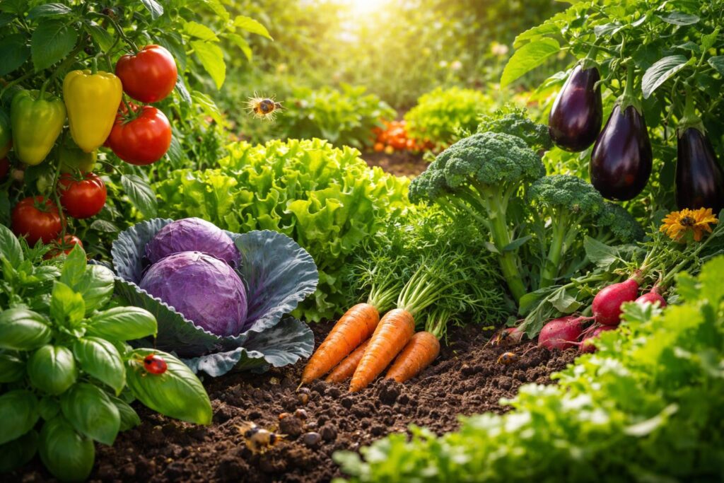 Zöldségek társültetése vegyszermentes kertben, egészséges növények egymás mellett