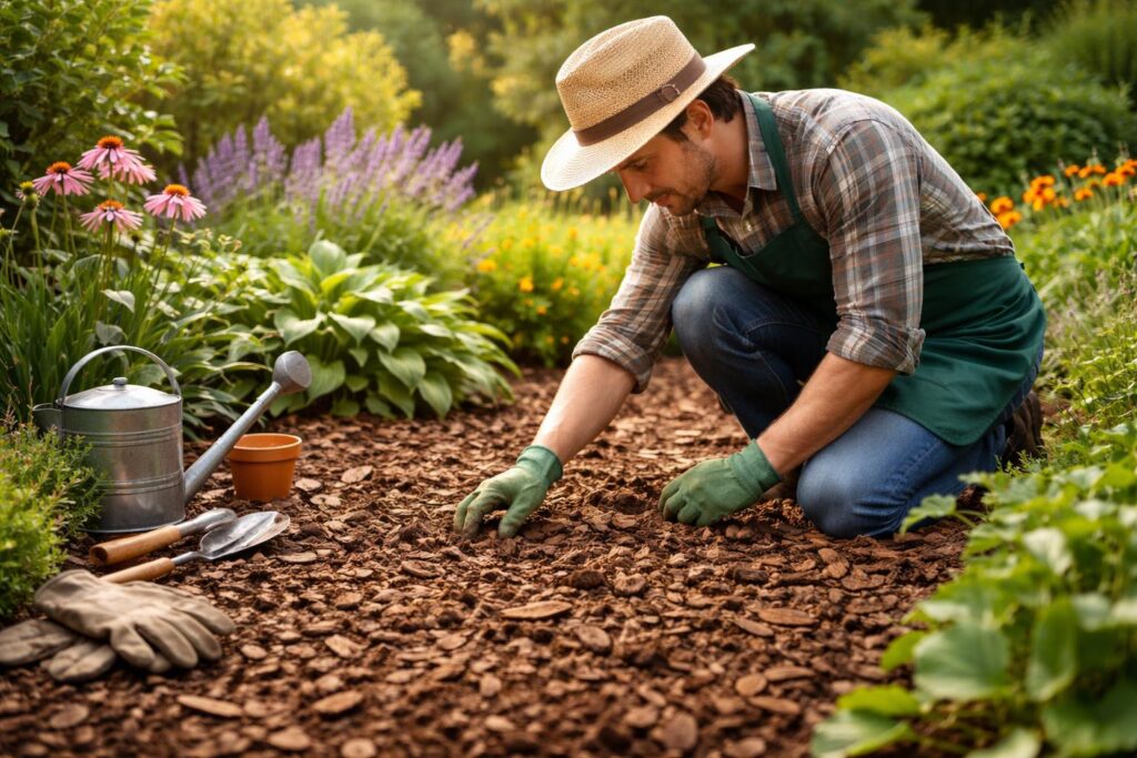 Kéregmulcs a kertben, tiszta növények körül