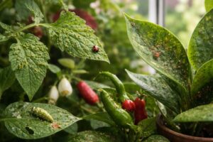 Kerti és szobanövények kártevőkkel fertőzve, levelek sérültek