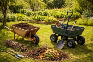Kerti kocsi és talicska szemléltető kép, földmozgatás kertben