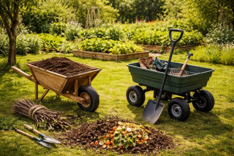 Kerti kocsi és talicska szemléltető kép, földmozgatás kertben