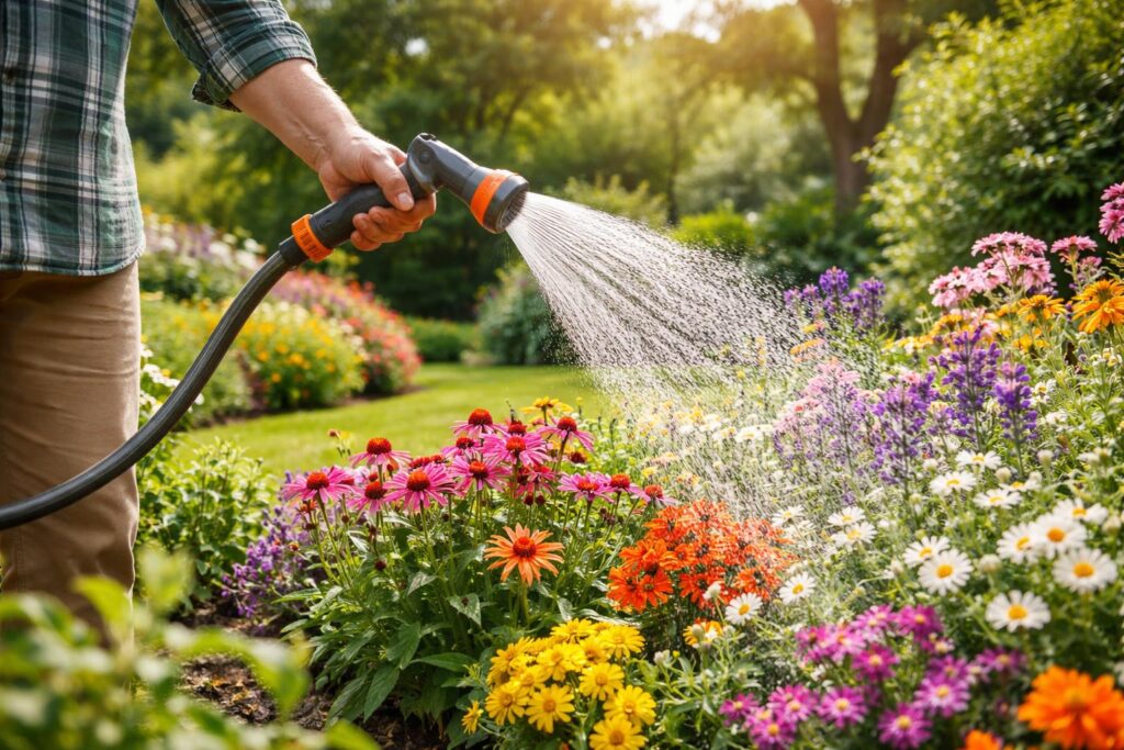 Kerti tömlő használata zöldkertben öntözéshez