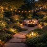 Hangulatos kerti világítás esti kerthelyiségben, meleg fényekkel