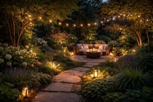 Hangulatos kerti világítás esti kerthelyiségben, meleg fényekkel