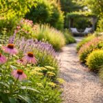 Kertes ház szépen rendezett virágokkal és zöld lombokkal