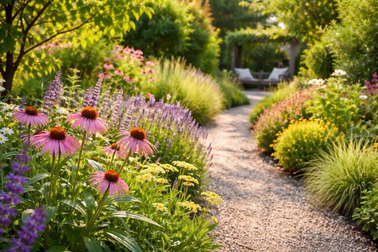 Kertes ház szépen rendezett virágokkal és zöld lombokkal
