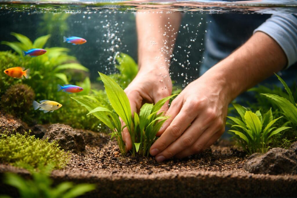 Akváriumi növények kezdőknek, zöld növények salátatálban víz alatt