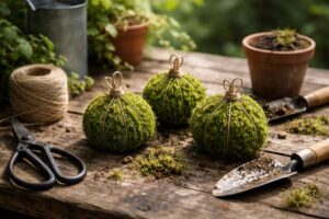 Kokedama készítés lépései, otthoni növénykultúra, japán mohagolyó