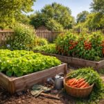 Konyhakert emelt ágyásokkal, friss zöldségekkel és növényápolással