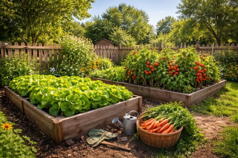 Konyhakert emelt ágyásokkal, friss zöldségekkel és növényápolással