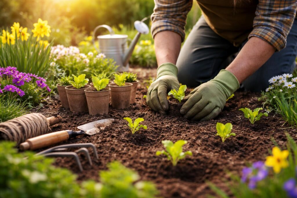 Kora tavaszi vetés és palántázás egy napsütéses kertben