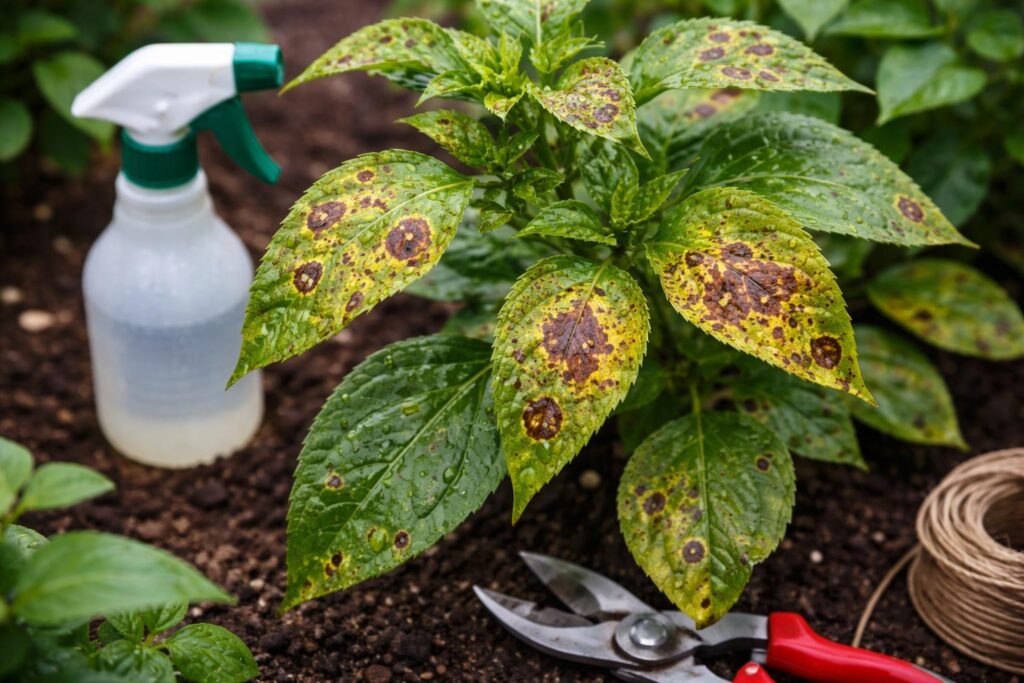 Levélfoltok a kert növényein, gombás fertőzés jelei