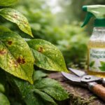 Levélfoltos növény egy kertben, gombás fertőzés jelei megfigyelhetők