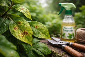 Levélfoltos növény egy kertben, gombás fertőzés jelei megfigyelhetők