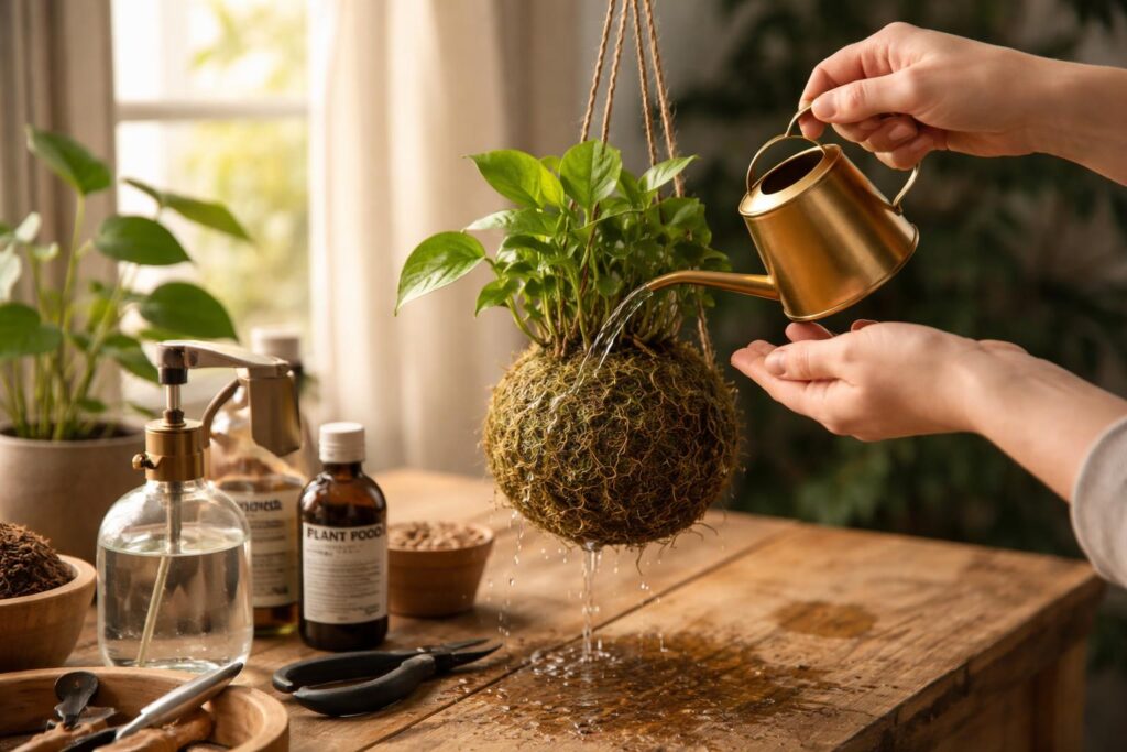 Kokedama locsolása és tápoldatozása otthoni növényápolás