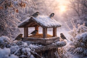 Madarakat etető ember téli kertben, havas háttérrel