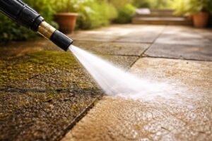 Magasnyomású mosó tisztít kerti burkolatot fa teraszon