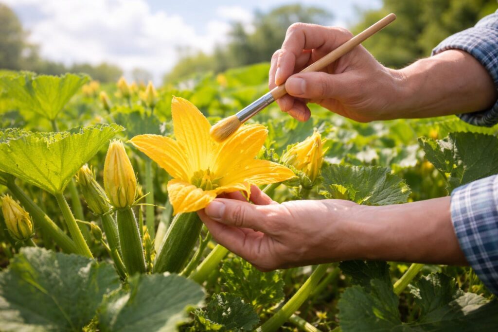 Cukkini beporzása kézzel a kertben napsütéses időben