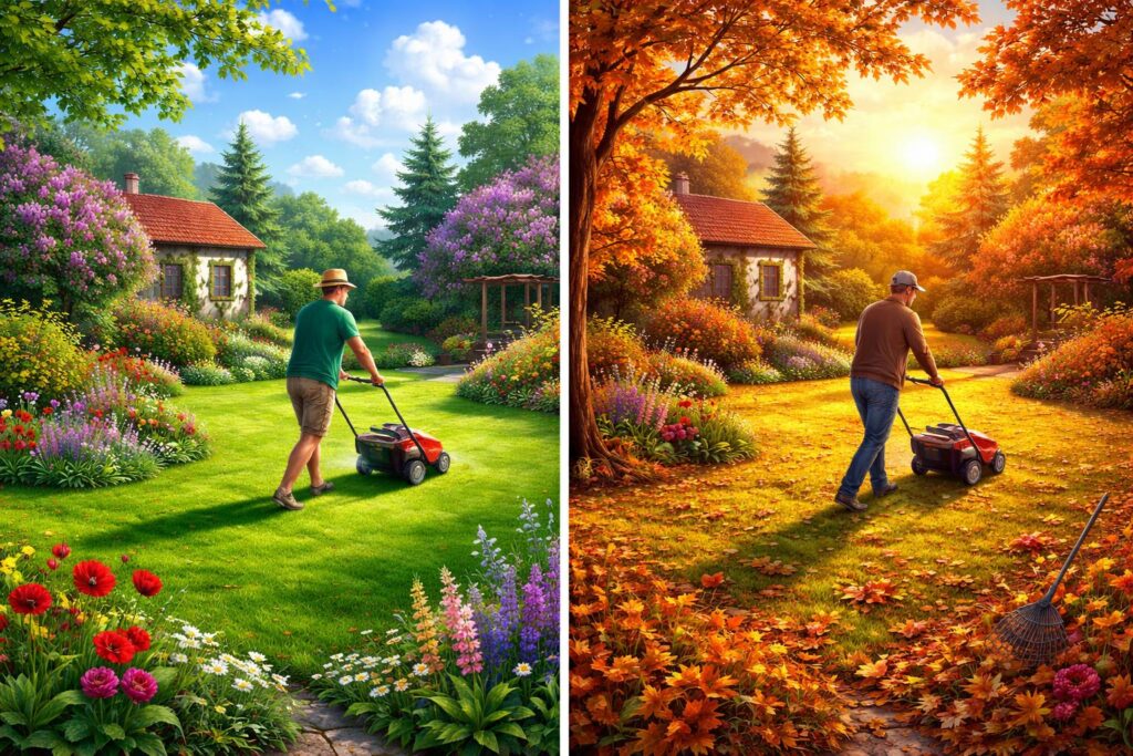 A fűnyíró réten zöld fű mellett Magyarországon tavasztól őszig