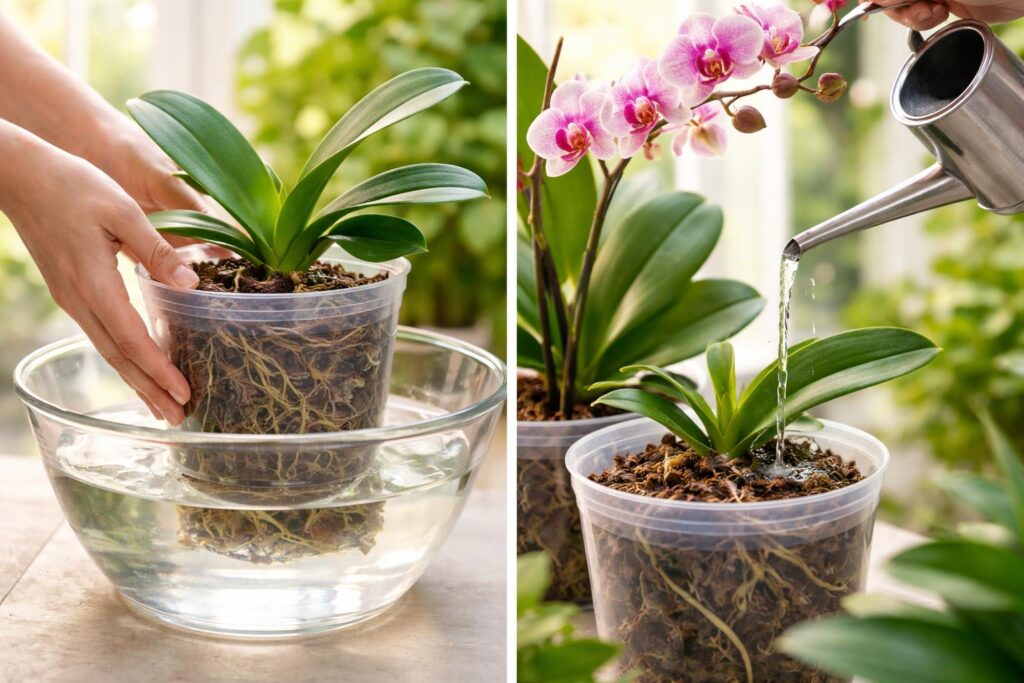Orchidea öntözése mély merítéssel vagy finom locsolással.