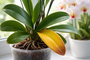 Orchidea sárguló levelek közelről, világos háttér előtt