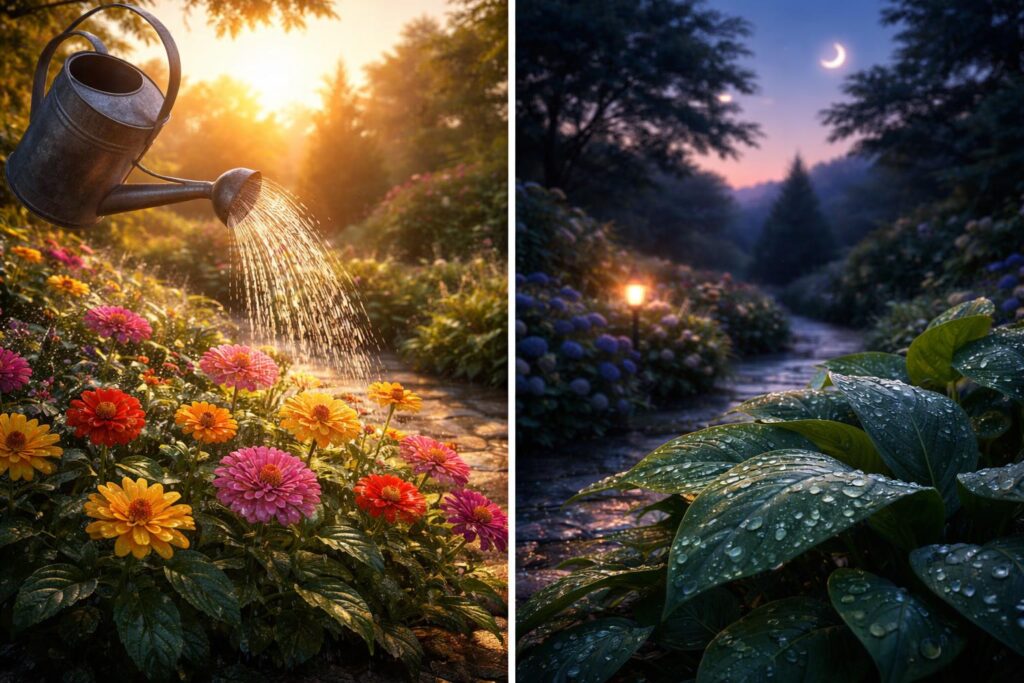 Reggeli és esti öntözés összehasonlítása kertben