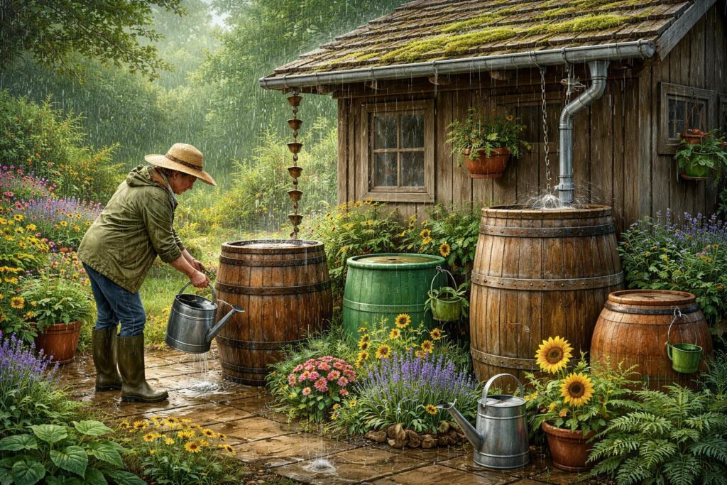 Esővízgyűjtő hordó és kerti csap a zöld kertben