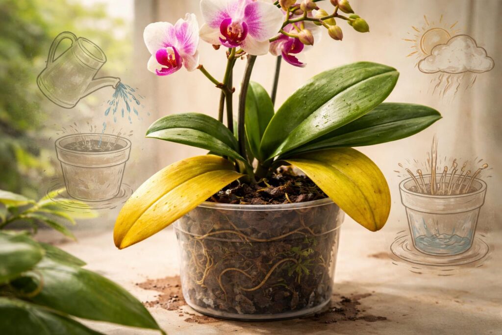Orchidea levelek sárgulása különböző okok miatt