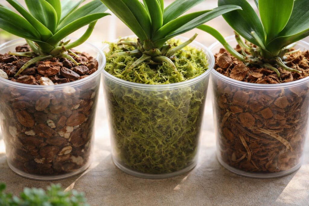 Orchidea ültetőközeg különböző anyagokból, kéreg, moha, kókuszrost