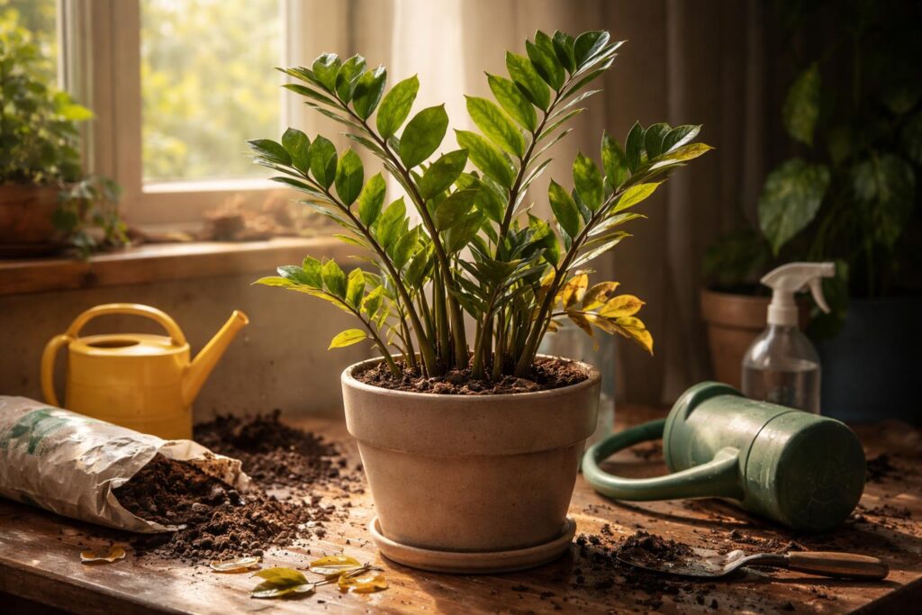 Tartós légénypálma zöld levelekkel, ellenálló növény otthonra