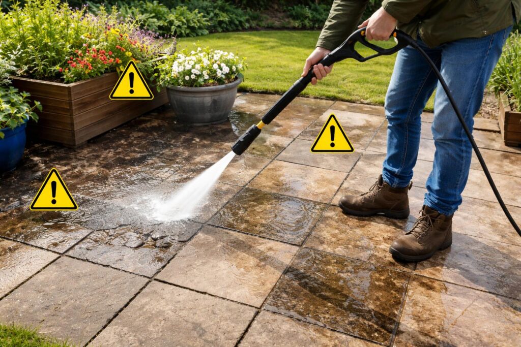 Magasnyomású mosó használata kerti burkolatok tisztításához helytelenül