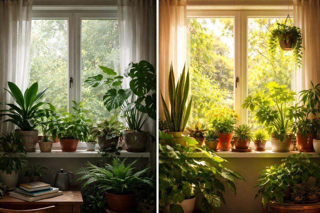 Növények északi és déli ablakban, fényigény szerint
