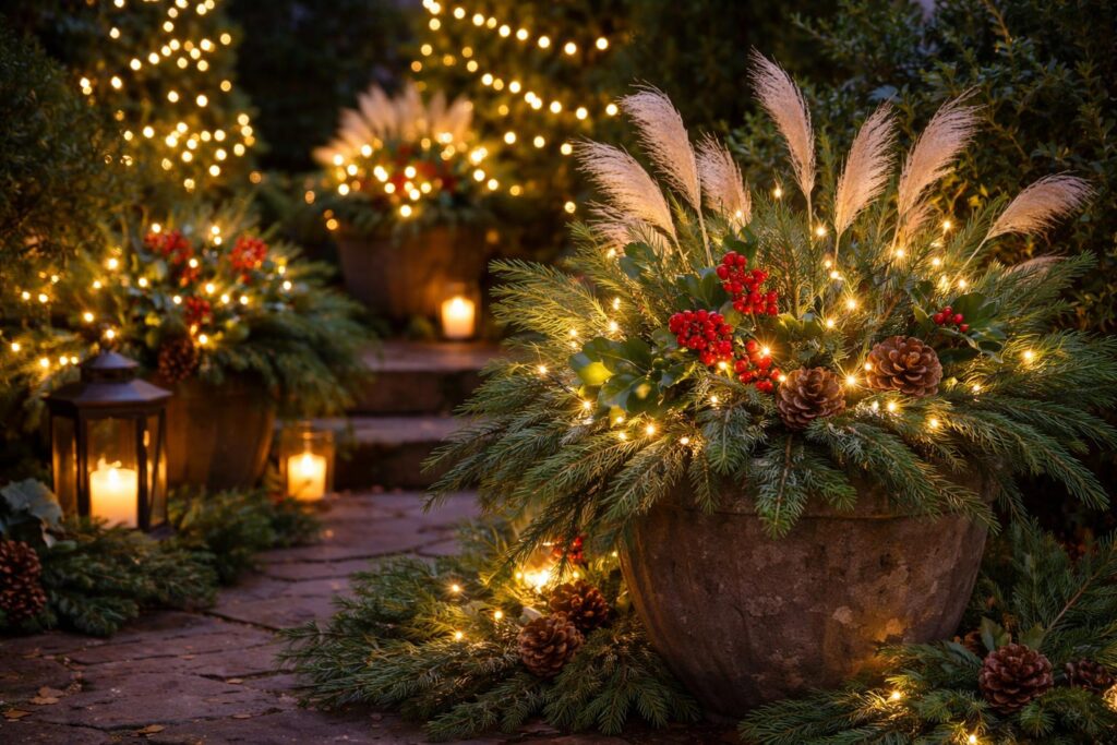 Karácsonyi díszek szabadtéri növényekkel a kertben