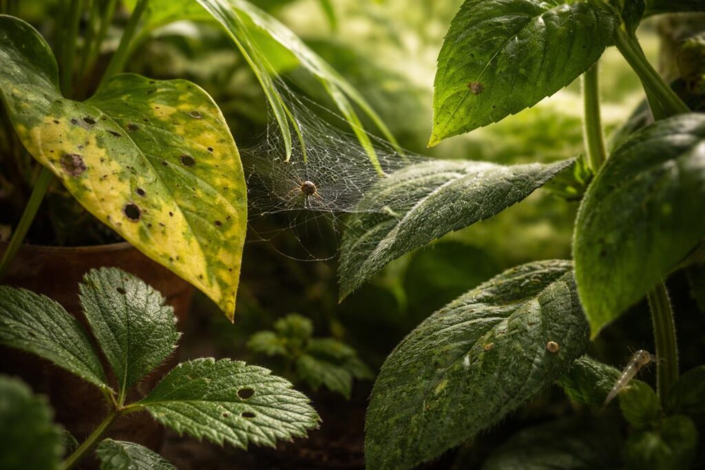 Kártevők által károsított kerti és szobanövény levelei közelről