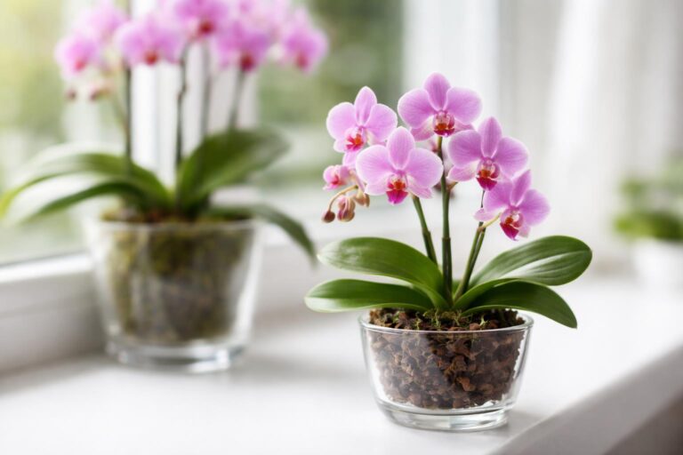 Mini orchideák színes virágokkal, kompakt méretben egy ablakpárkányon