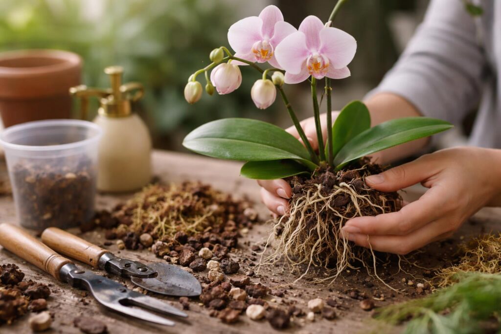 Orchidea virágzás után átültetve, zöld levelekkel, egészséges növény