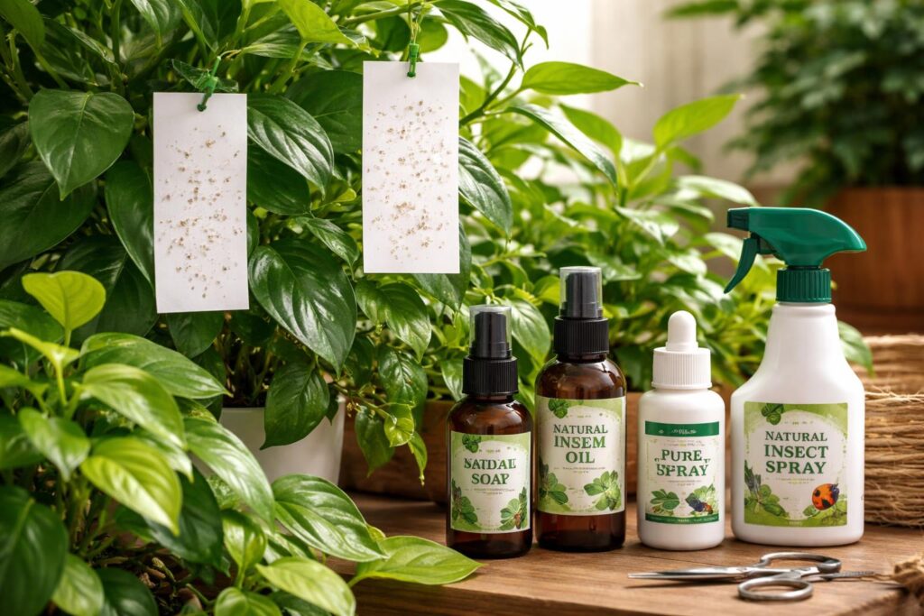 Tripszek a növény levelein, közelkép a kártevőkről a lakásban