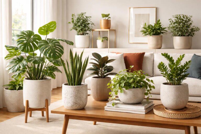 Modern kaspók különböző színekben és formákban a lakásban