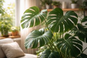 Monstera deliciosa szobanövény nagy szeldelt levelekkel világos háttér előtt