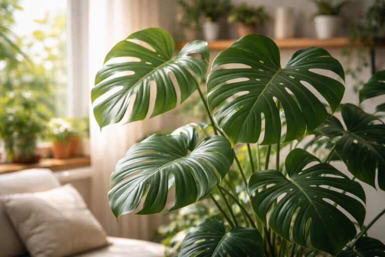 Monstera deliciosa szobanövény nagy szeldelt levelekkel világos háttér előtt