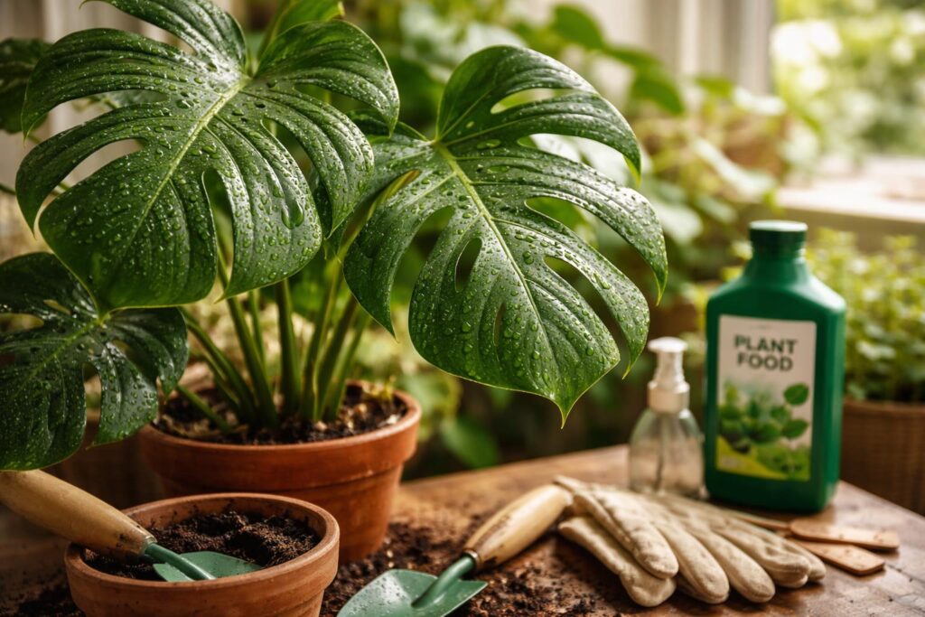 Monstera növény gondozása otthon, öntözés és fényigény figyelése