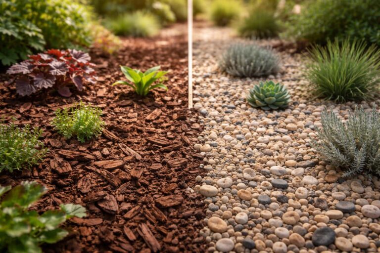Kéreg és kavics mulcsozási technikák kertészeti használatra