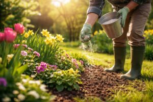 Tavaszi kert tápanyaggal ébred, zöld növények fejlődnek friss hajtásokkal