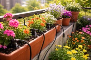 Balkonládába szerelt automata öntözőrendszer a növények védelméért