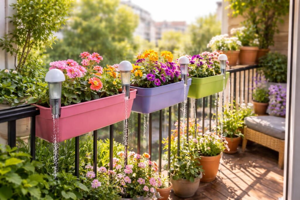 Önkiszolgáló öntözőrendszer balkonládákhoz, zöld növényekkel