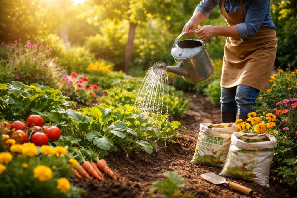 Öntözés és tápanyag-utánpótlás a kertben, növények gondozása