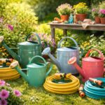 Kerti öntözőkanna és tömlő használat közben a kertben