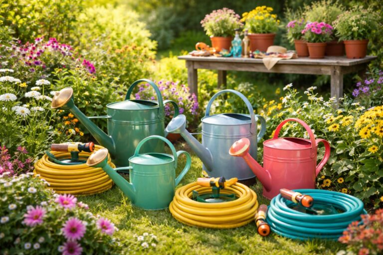 Kerti öntözőkanna és tömlő használat közben a kertben