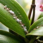Orchidea virág levelekkel, gyapjastetvek közelről láthatók