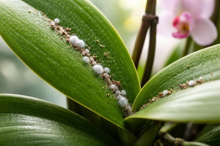 Orchidea virág levelekkel, gyapjastetvek közelről láthatók